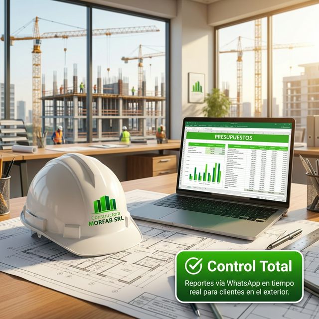 Casco MORFAB SRL con laptop mostrando presupuestos y Control Total